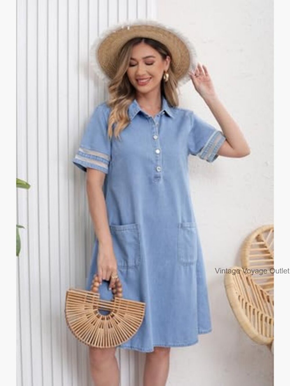 Tulle Sleeve Denim Midi Dress with Pockets A-Line Button Front - Picture 2 of 7
